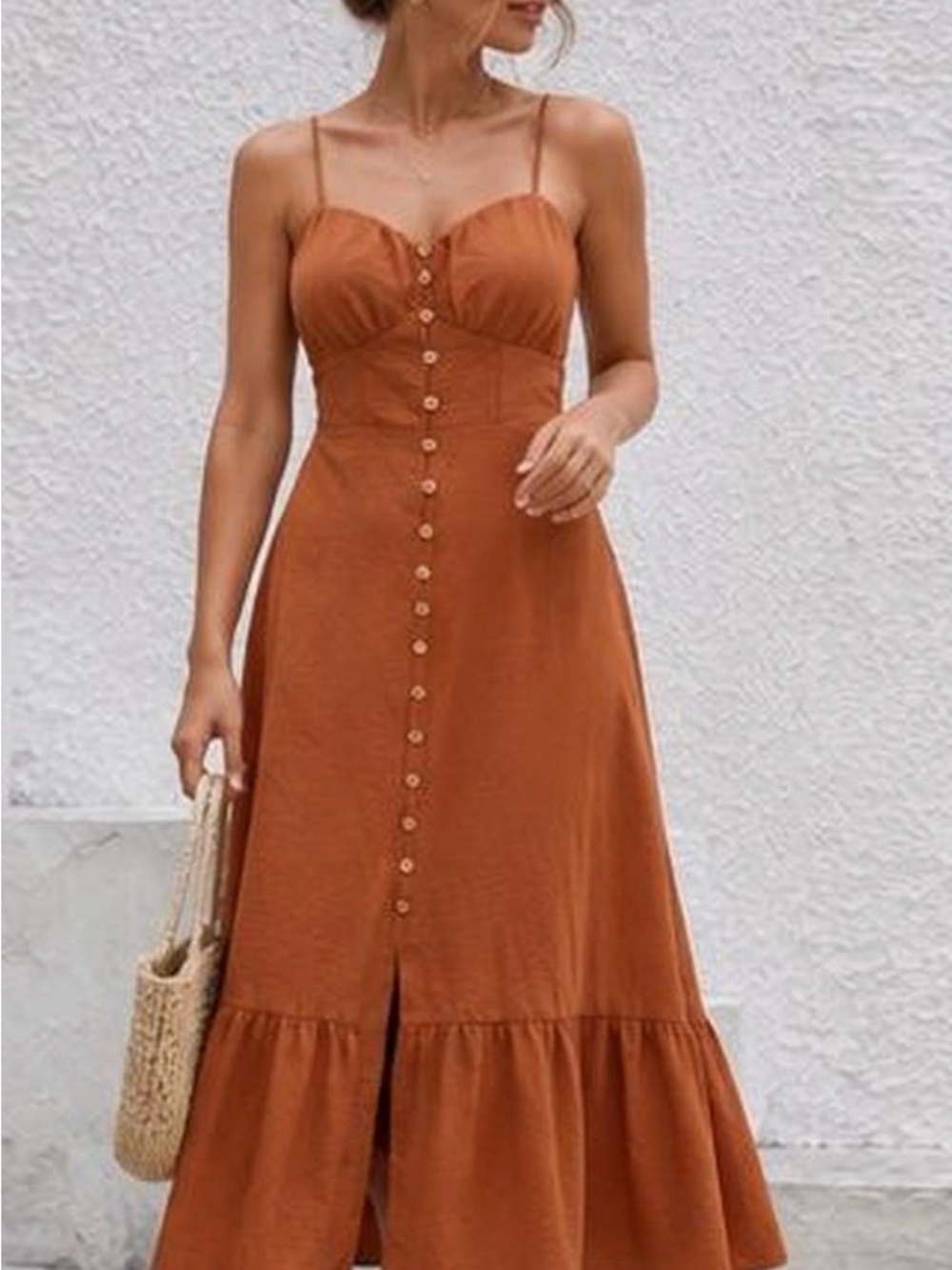 Women’s Spaghetti Strap Button-Front Midi Dress in Rust No Boundaries